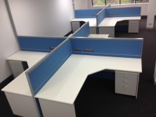4 Way Cluster Staxis Screens. 1800 Long With Gable Ended 90 Degree Truncated Corner Workstations
